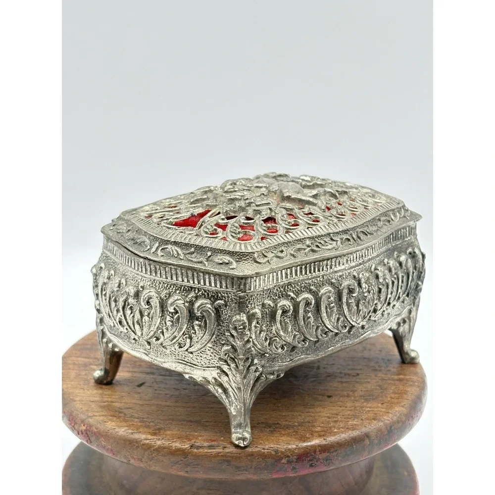 Vintage Filagree Footed Jewelry Box Casket Ornate Angel Red Velvet Lining Japan